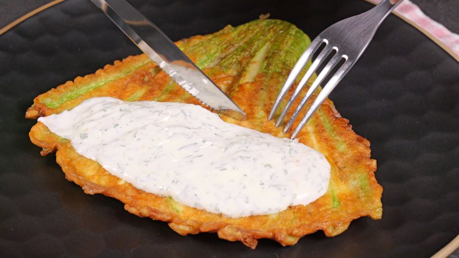 Crispy Turkish Fan-Cut Zucchini with Garlic-Dill Sauce — finished dish